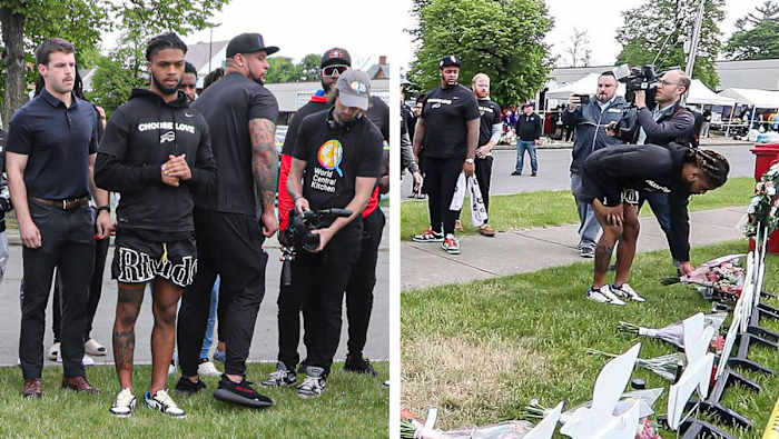 Damar Hamlin at a vigil for victims of the Buffalo shooting in May
